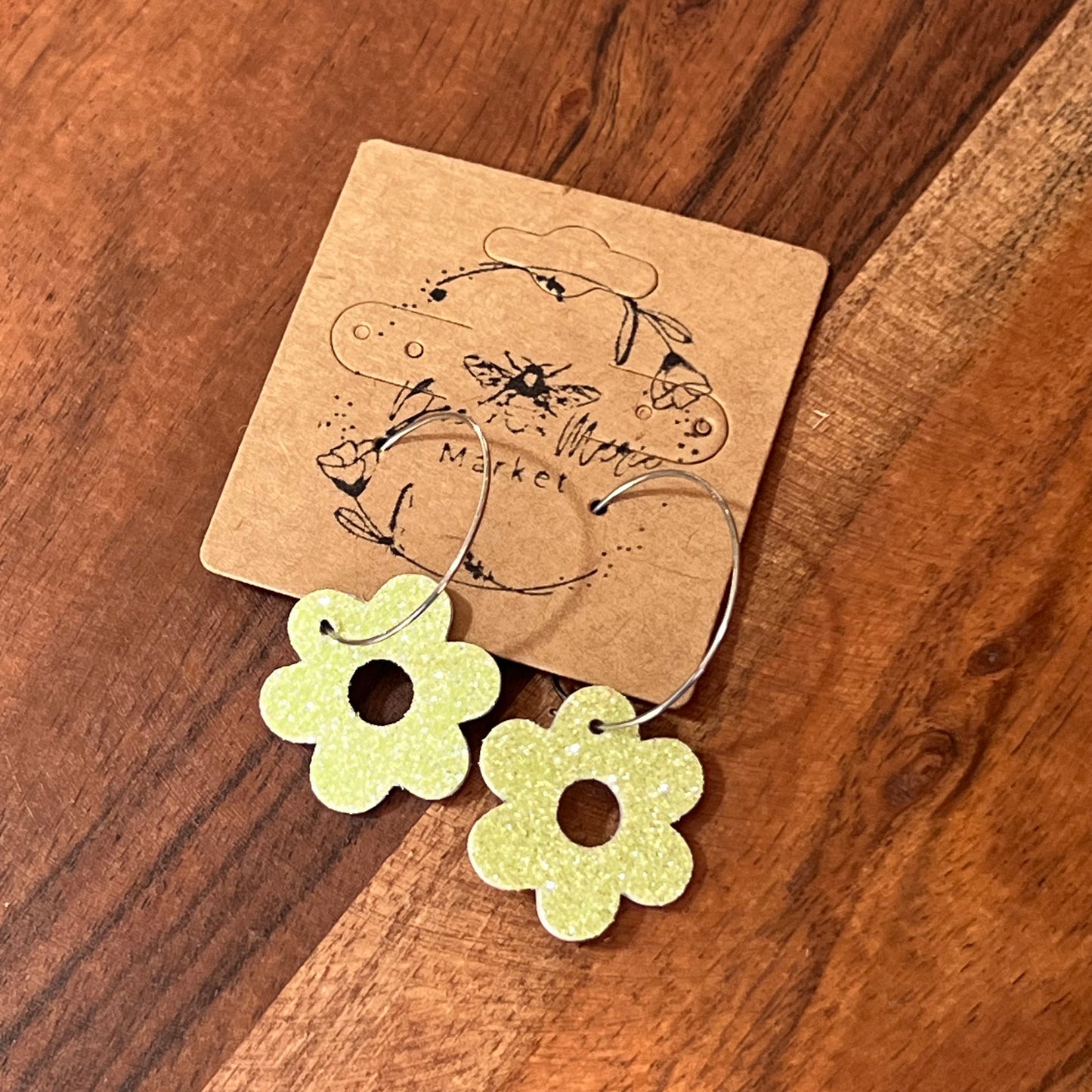 Neon Lime Glitter Flower Hoops