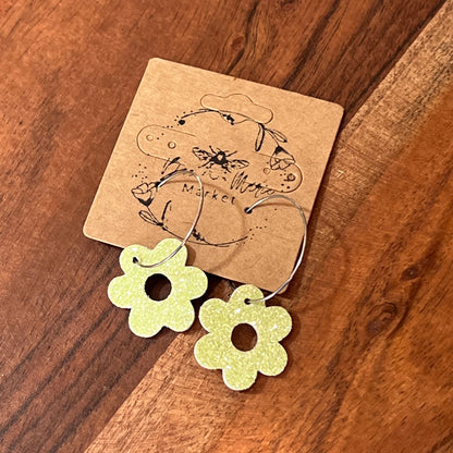 Neon Lime Glitter Flower Hoops