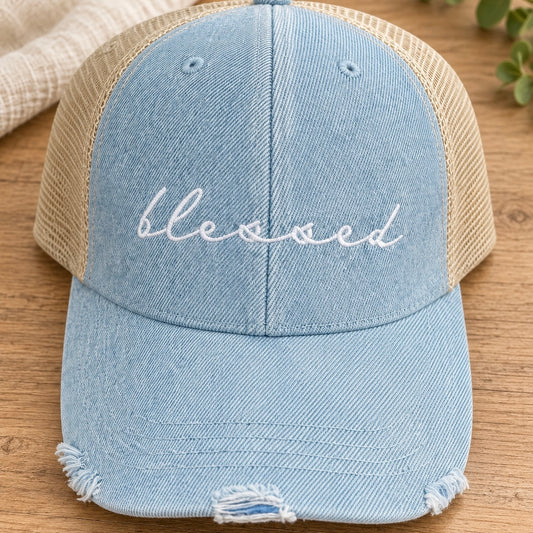 Light Denim Blessed Script Embroidered Trucker Hat