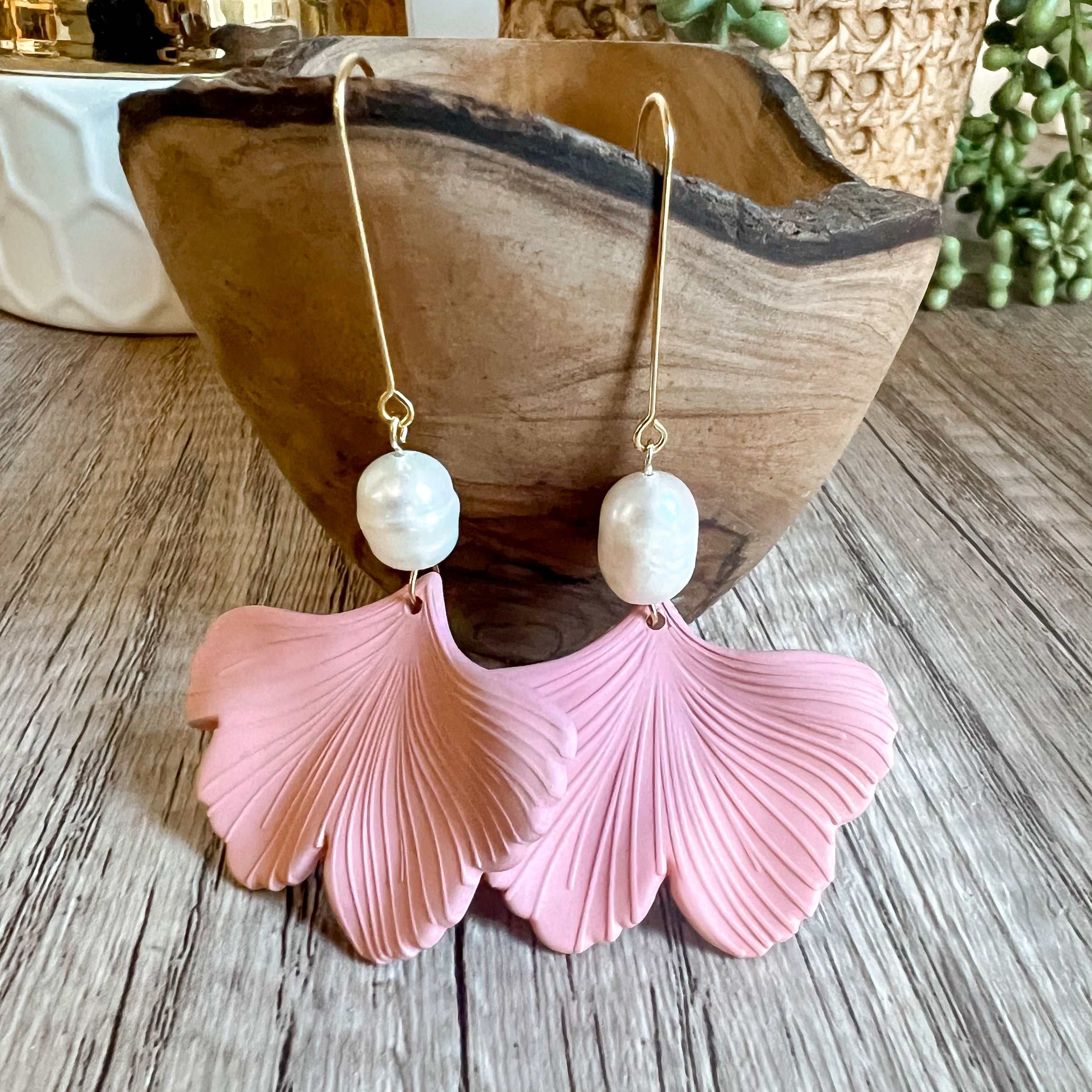 Brittney Blush Leaf Pearl Drop Earrings