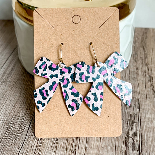 Pink Animal Print Bow Genuine Leather Earrings