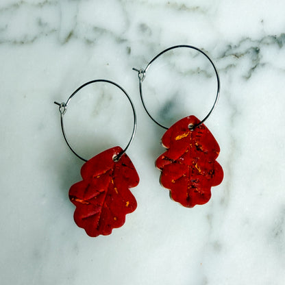 Fall Oak Leaf Cork Hoop Earrings | Lightweight Autumn Earrings