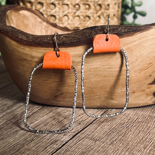 Silver Spiced Orange Rectangle Hoops