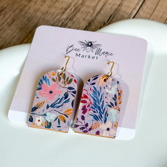 Meadow Mist Floral Arch Leather Earrings