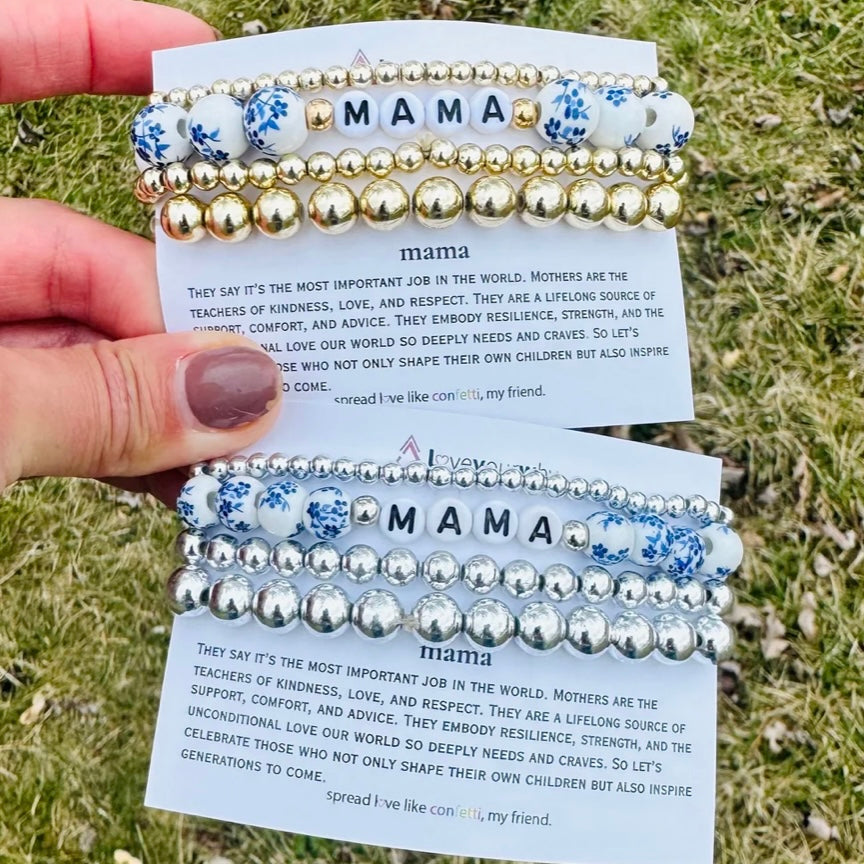 Mama Blue & White Silver Beaded Stacked Bracelet Set