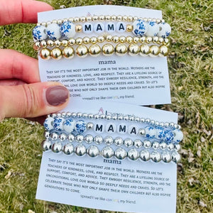 Mama Blue & White Silver Beaded Stacked Bracelet Set