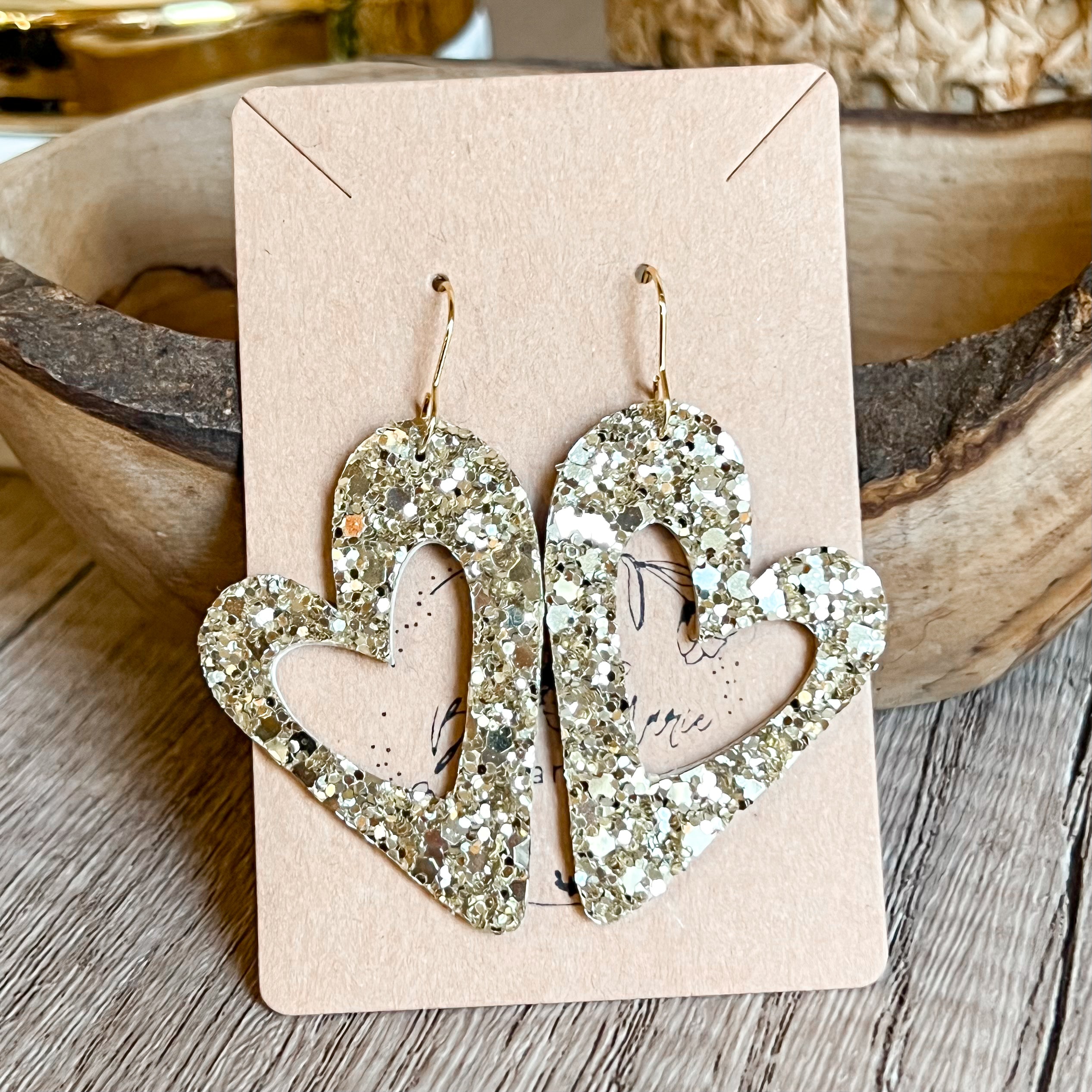 Holly Gold Glitter Open Heart Earrings