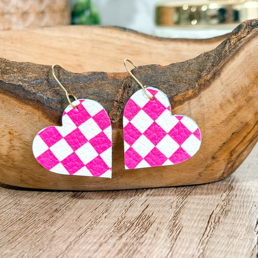 Pink Check Heart Earrings