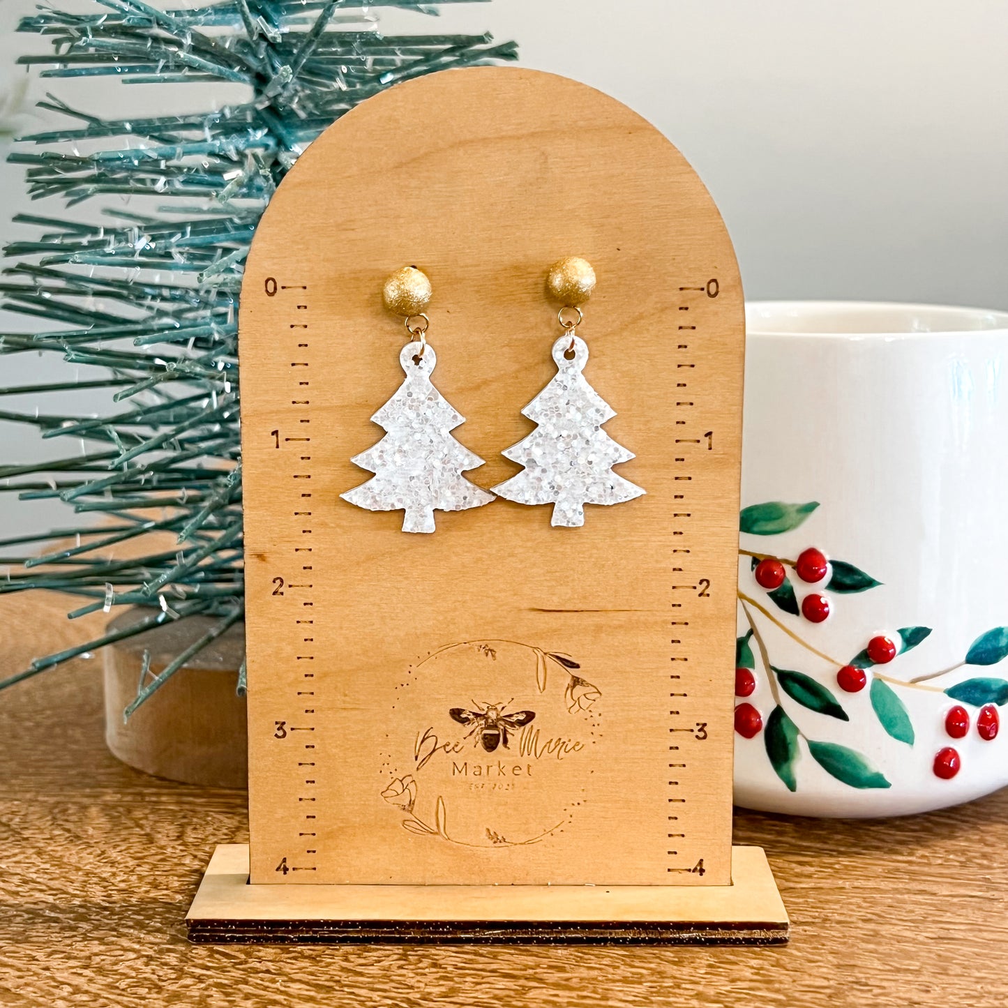 Have a Ball White Glitter Christmas Tree Earrings