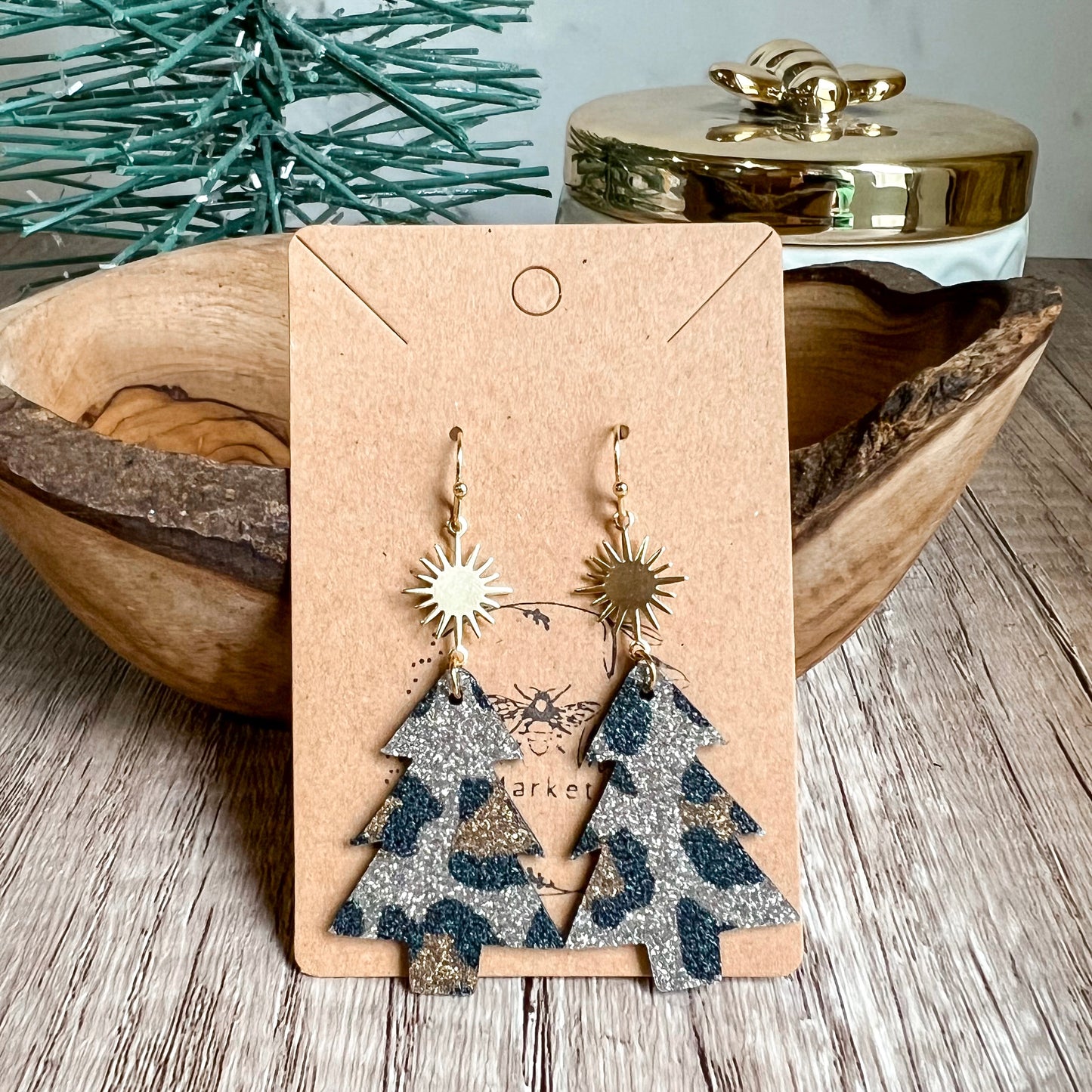 Animal Print Glitter Starburst Christmas Tree Earrings