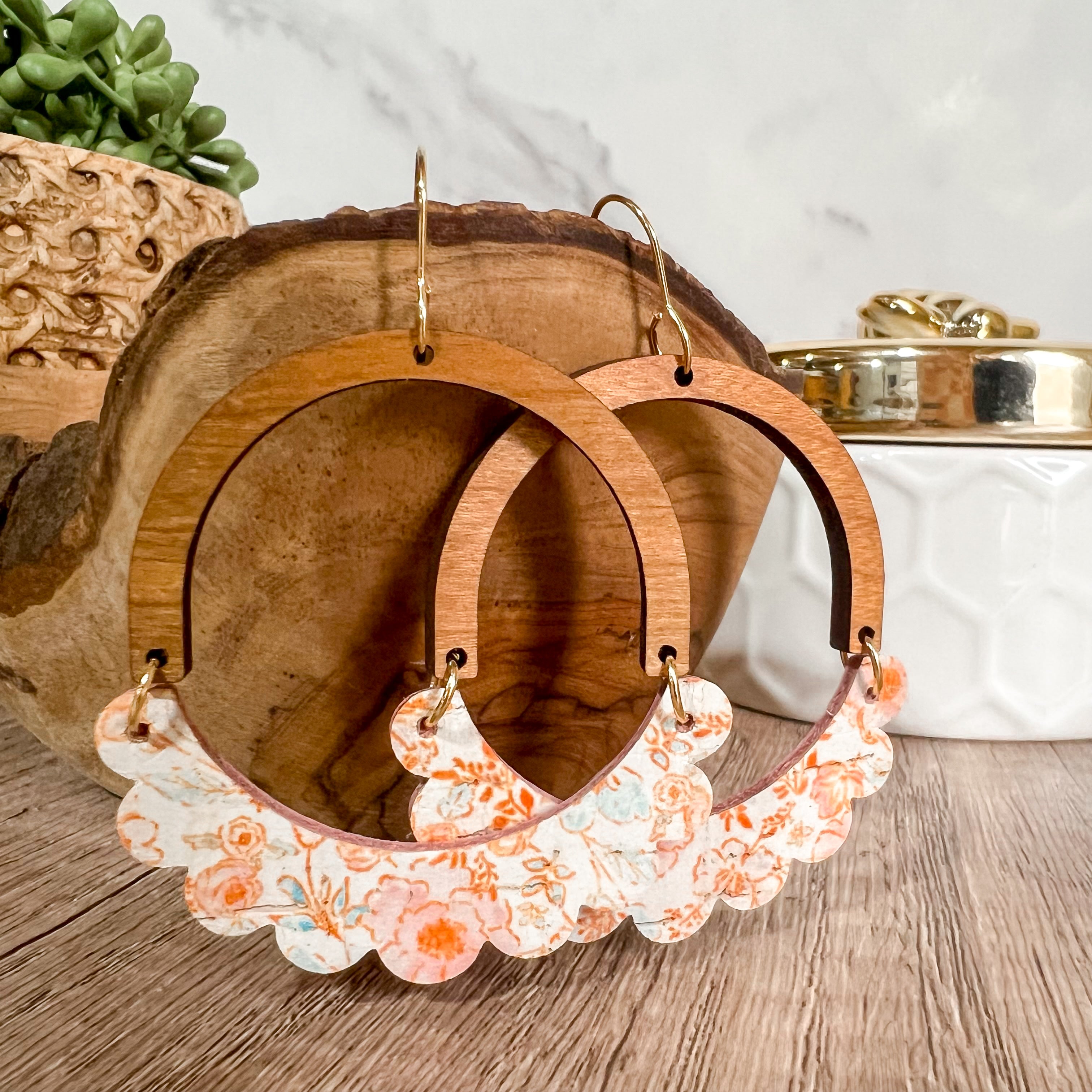 Pink & Coral Floral Genuine Leather Ruffle Arch Earrings