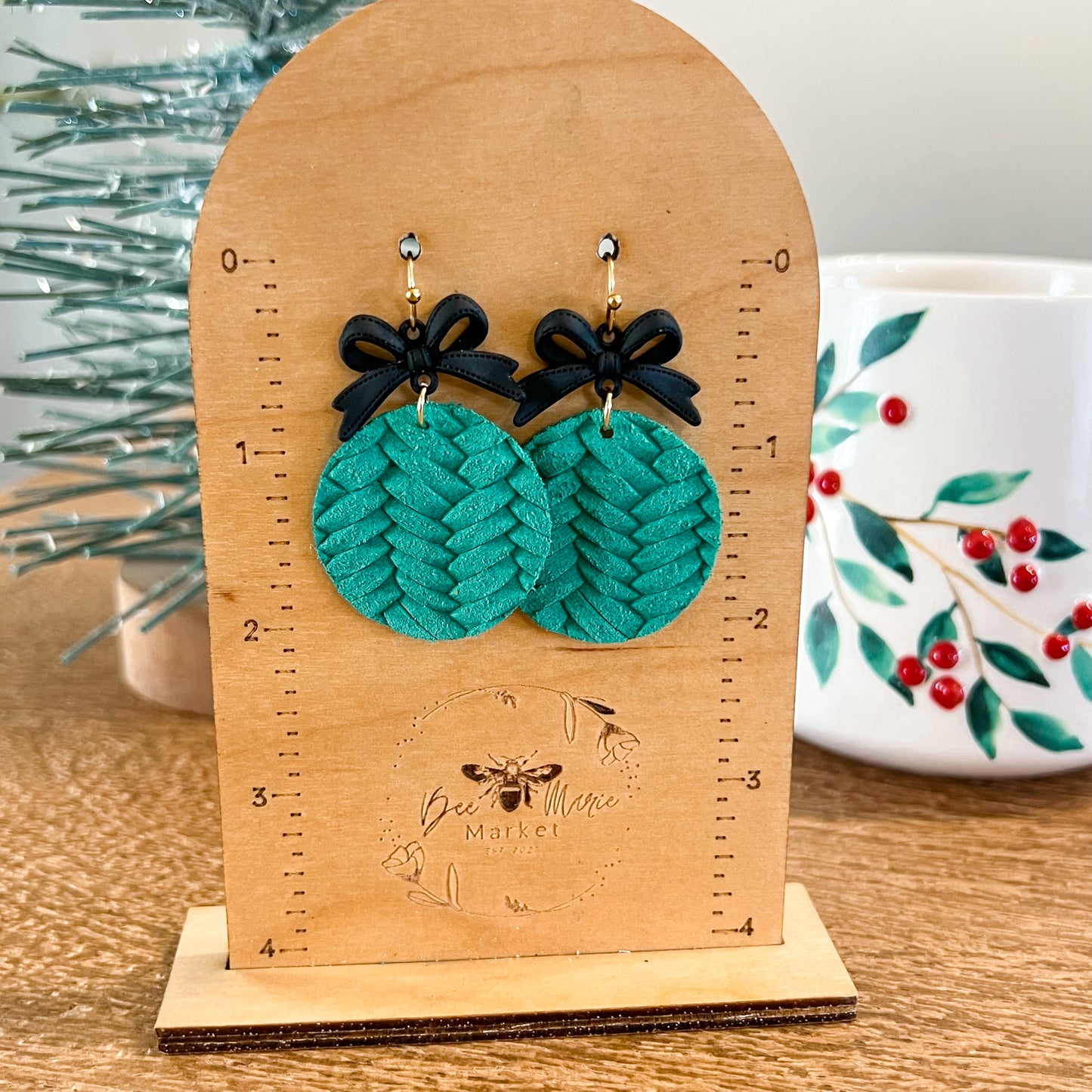 Winter Green & Black Bow Woven Earrings