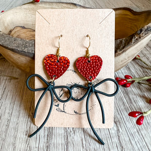 Ruby Red Pebbled Heart & Bow Earrings