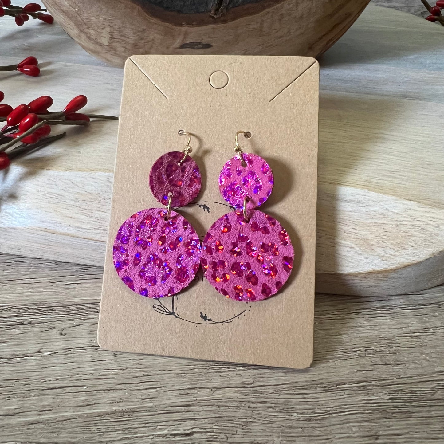 Pink Shimmer Leopard Tiered Round Earrings