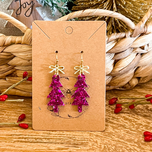 Fuchsia Glitter Skinny Christmas Tree Earrings