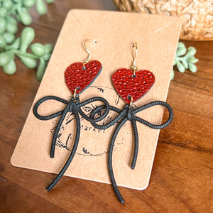 Ruby Red Pebbled Heart & Bow Earrings