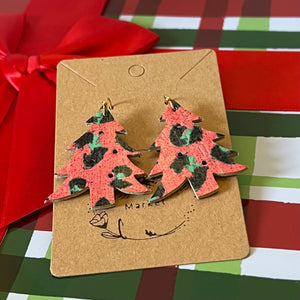 Polka Dot Genuine Leather Christmas Tree Earrings