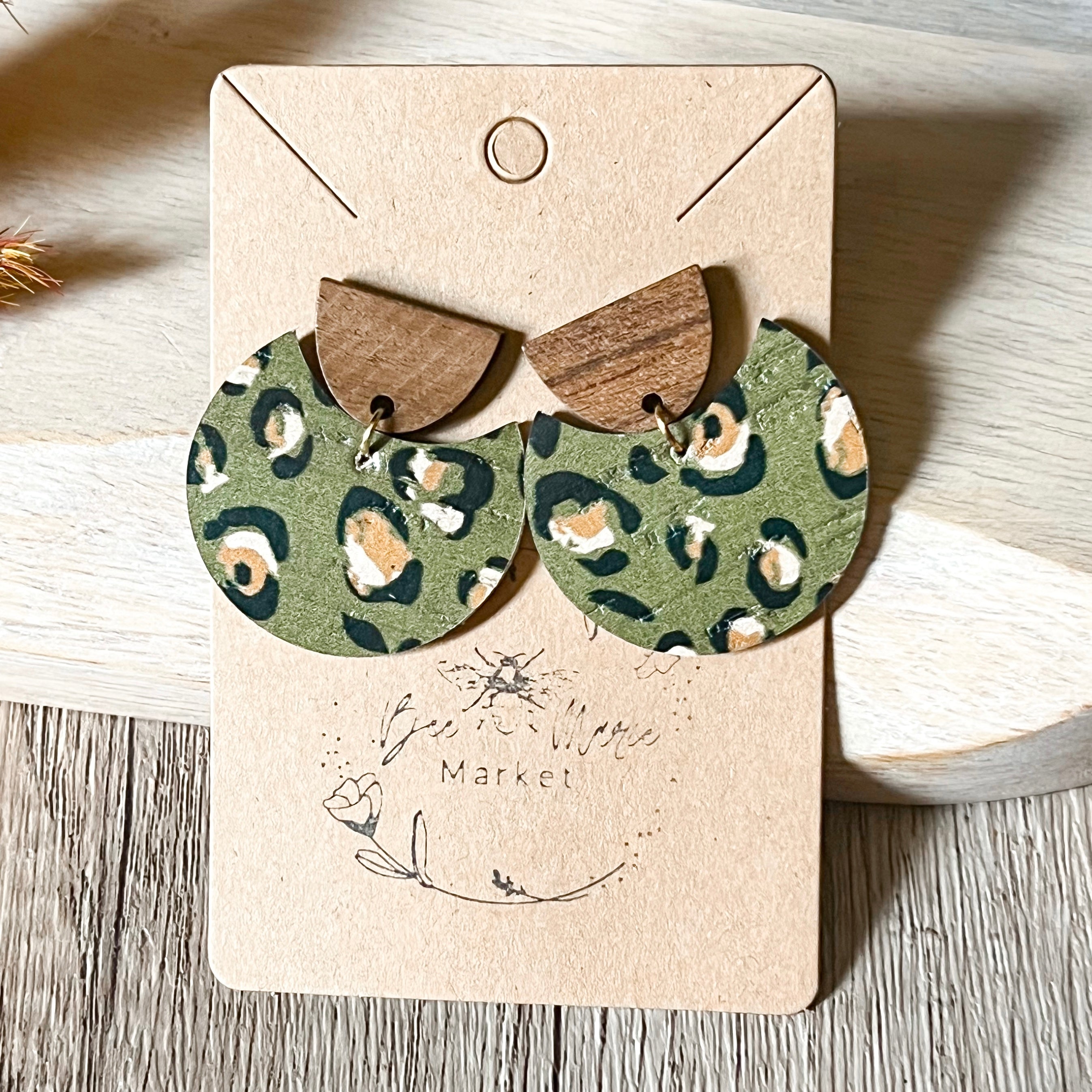 Olive Green Leopard Spot Leather Earrings