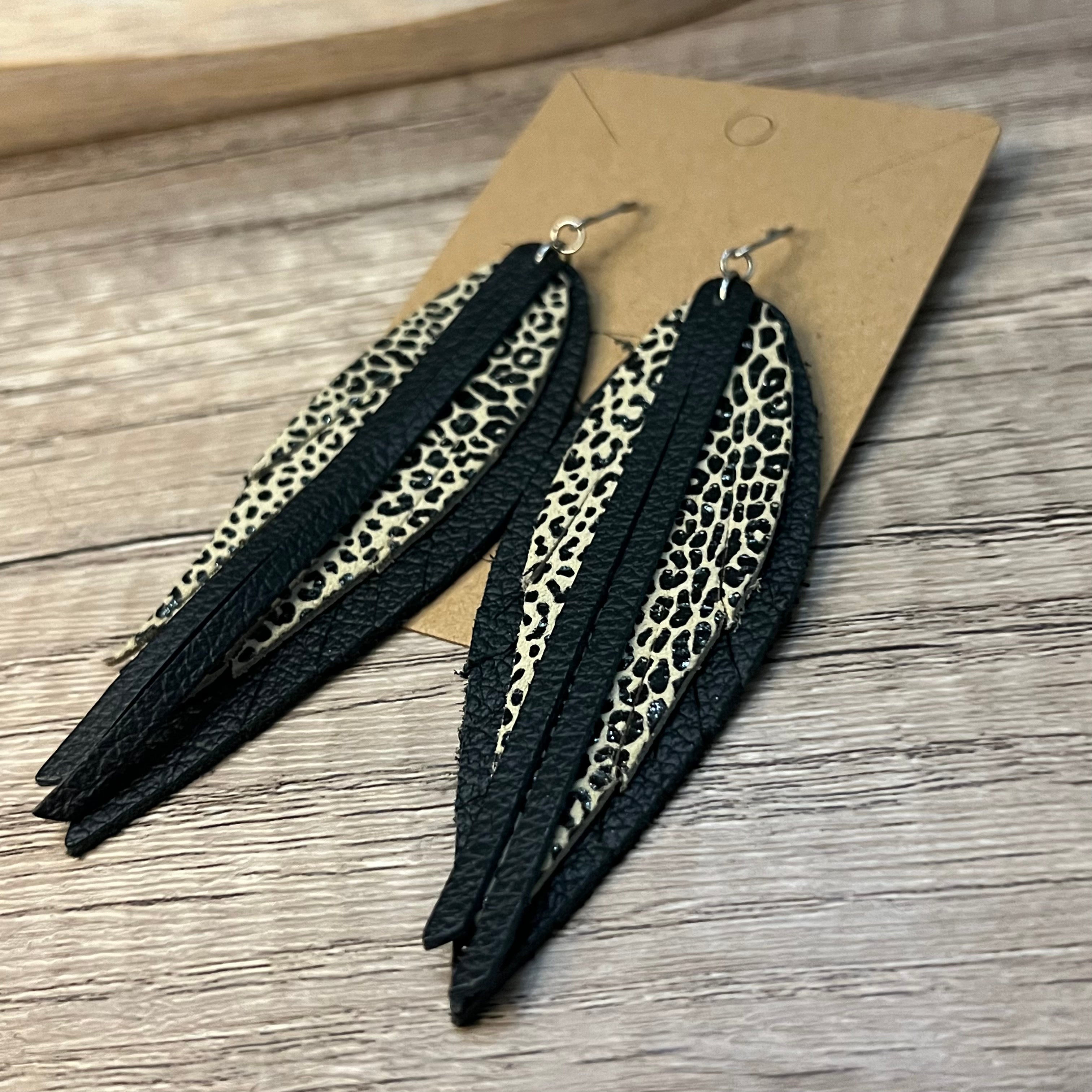 Gina Black & Cream Feather Handmade Leather Earrings