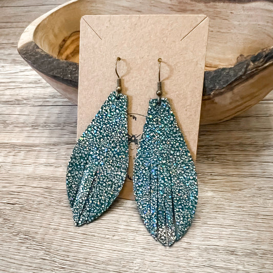 Teal Fringe Sparkle Leather Earrings