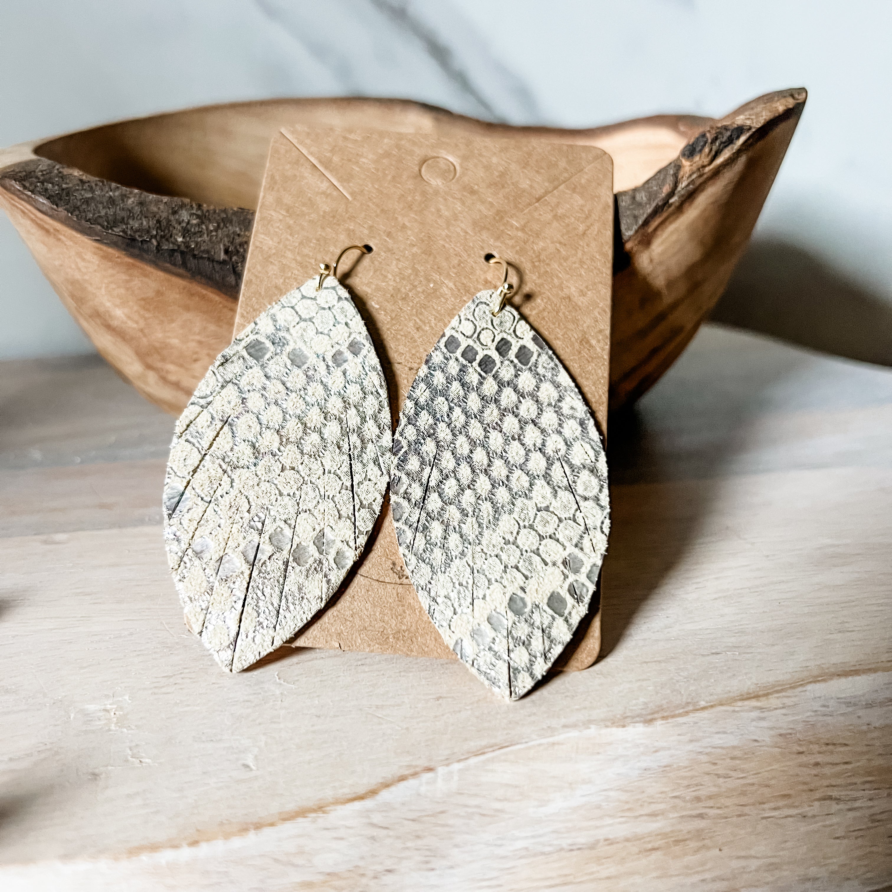 Handmade Snakeskin Metallic on Vanilla Fringe Leather Earrings