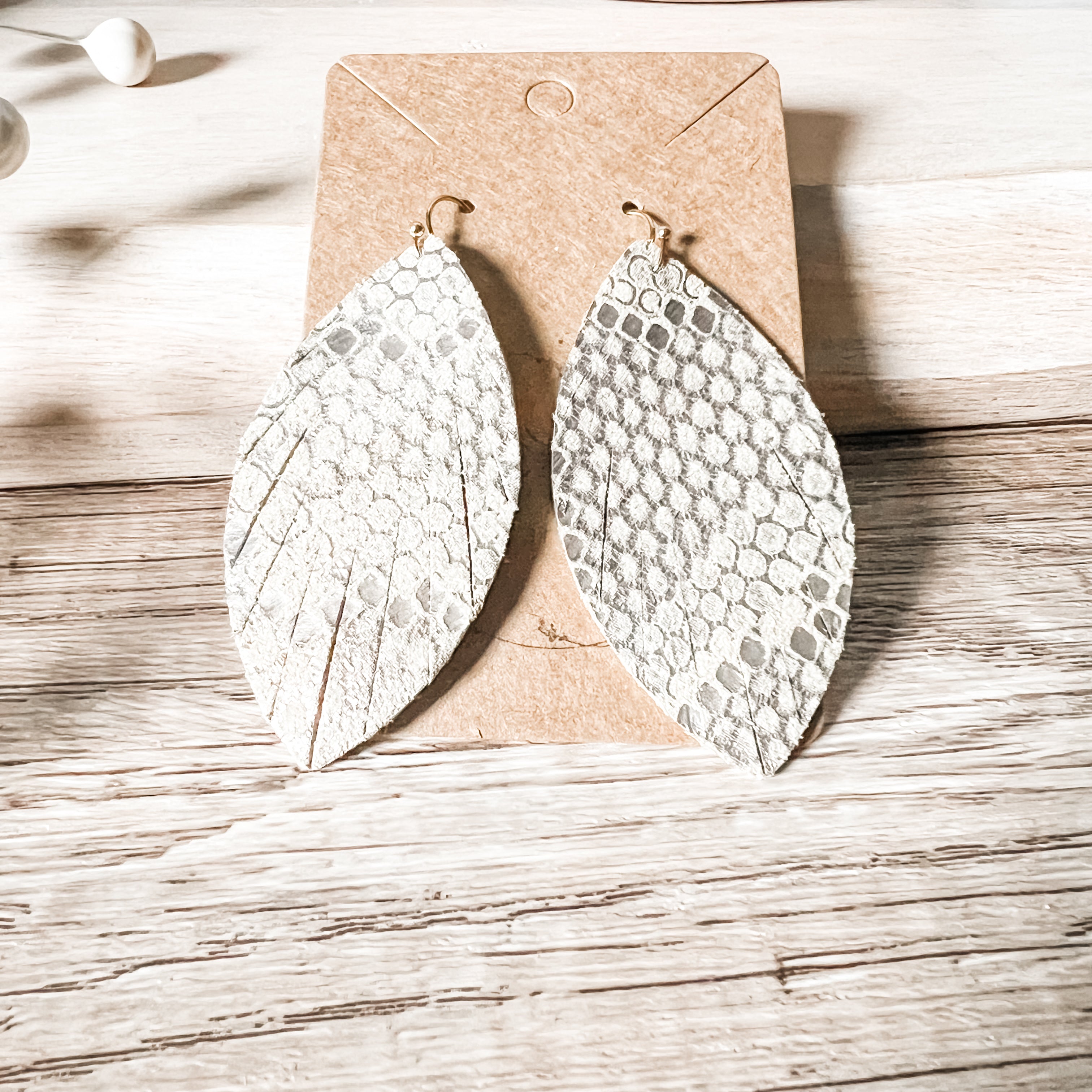 Handmade Snakeskin Metallic on Vanilla Fringe Leather Earrings