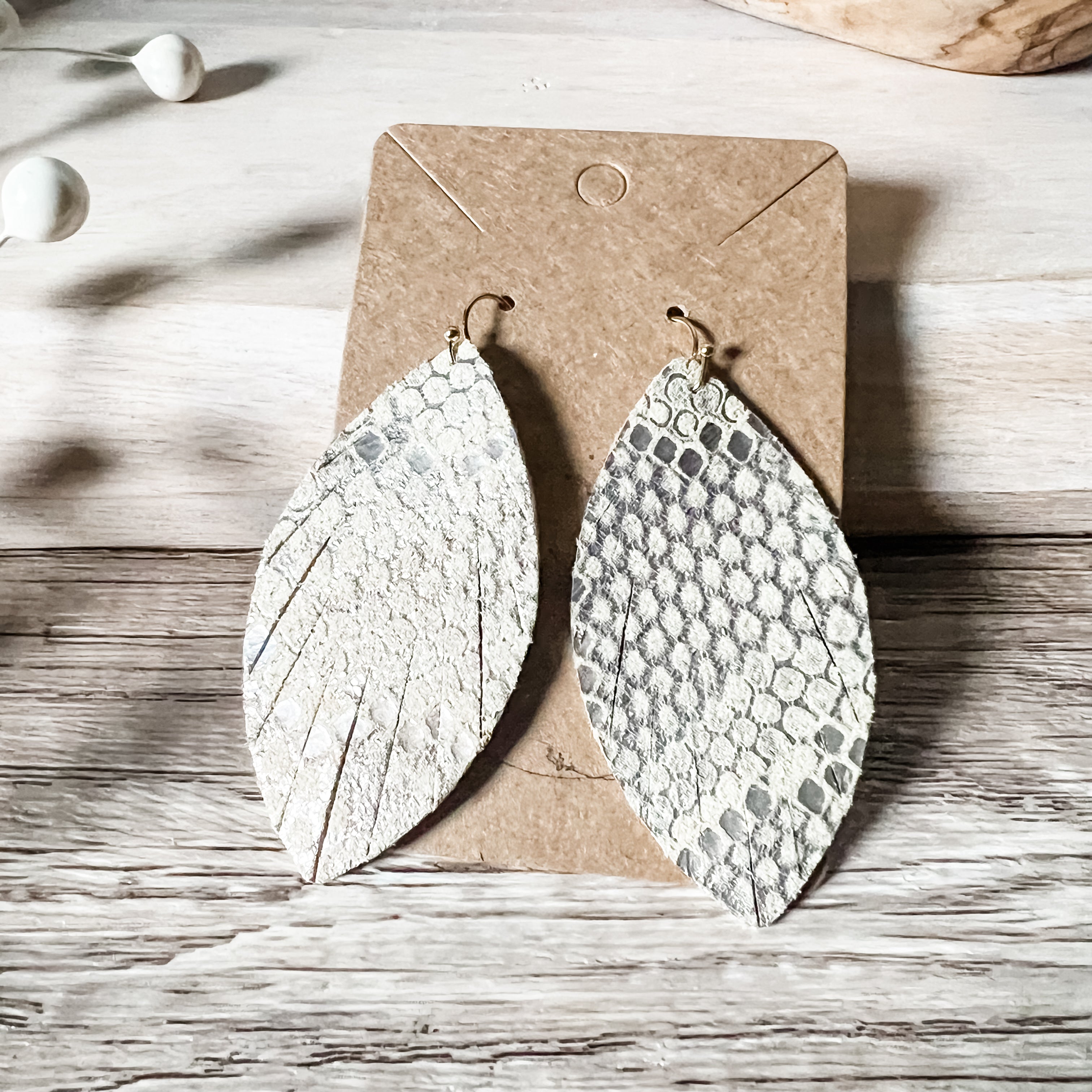 Handmade Snakeskin Metallic on Vanilla Fringe Leather Earrings