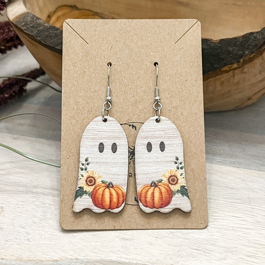Friendly Pumpkin Ghost Wood Earrings