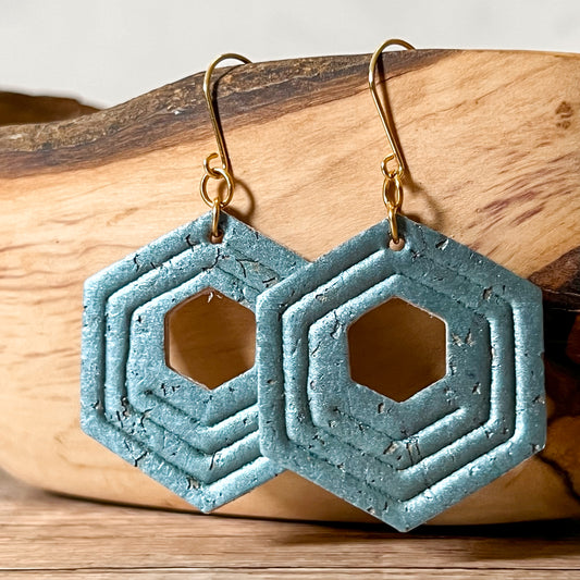 Pearlized Steel Teal Hexy Dangle Embossed Earrings