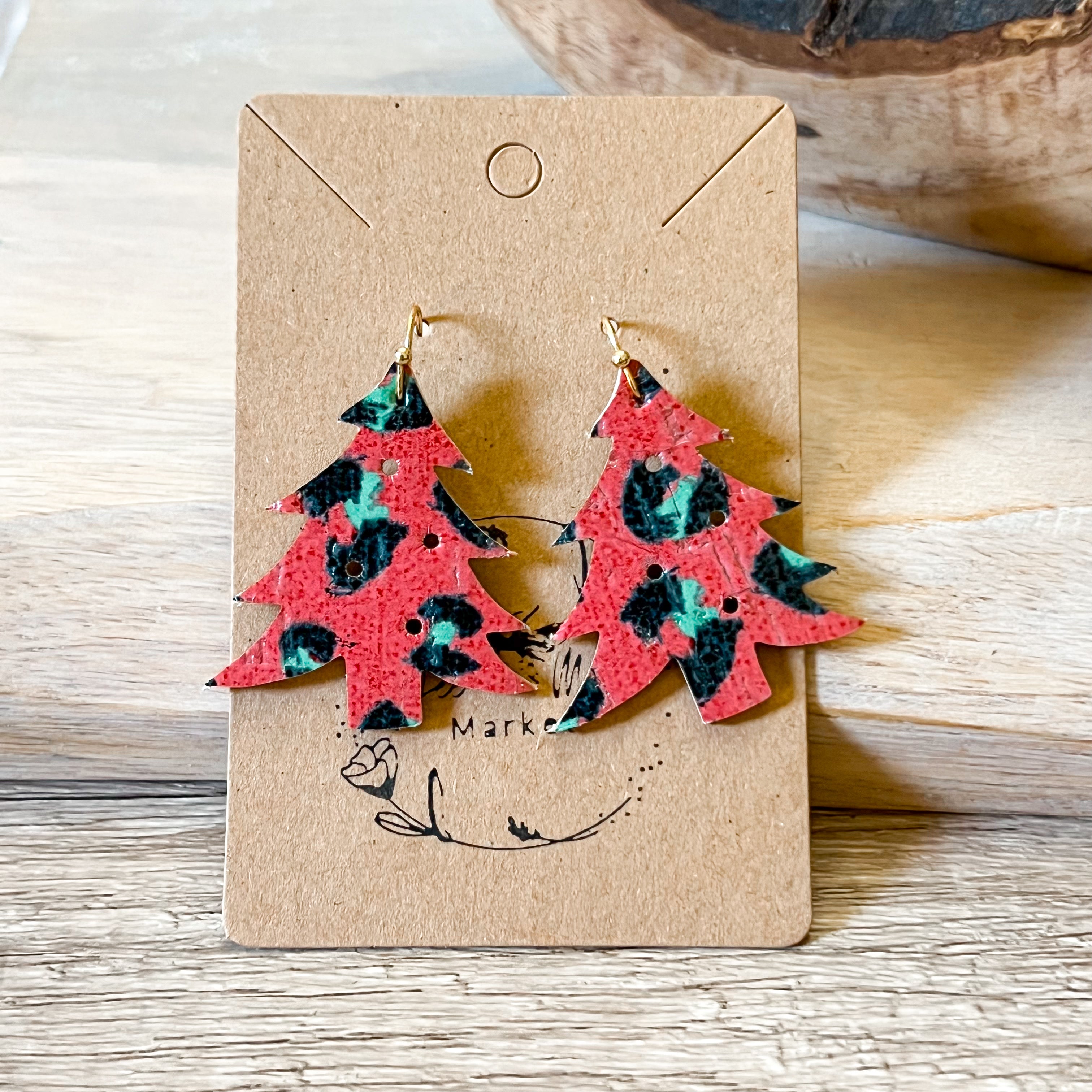 Polka Dot Genuine Leather Christmas Tree Earrings