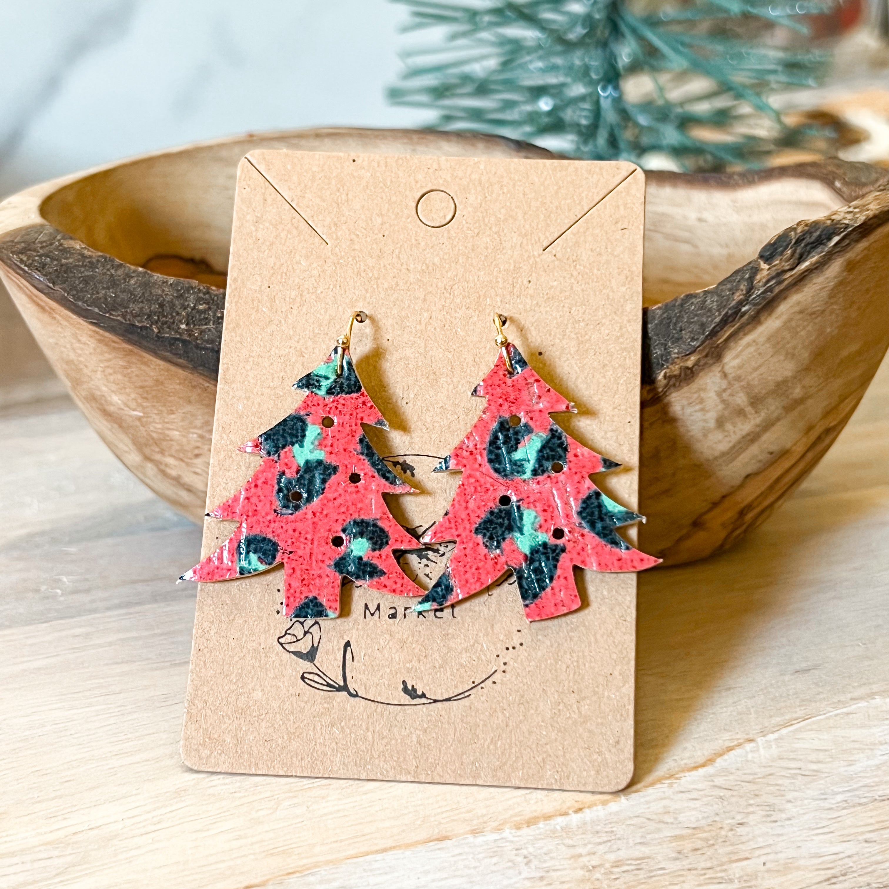 Polka Dot Genuine Leather Christmas Tree Earrings