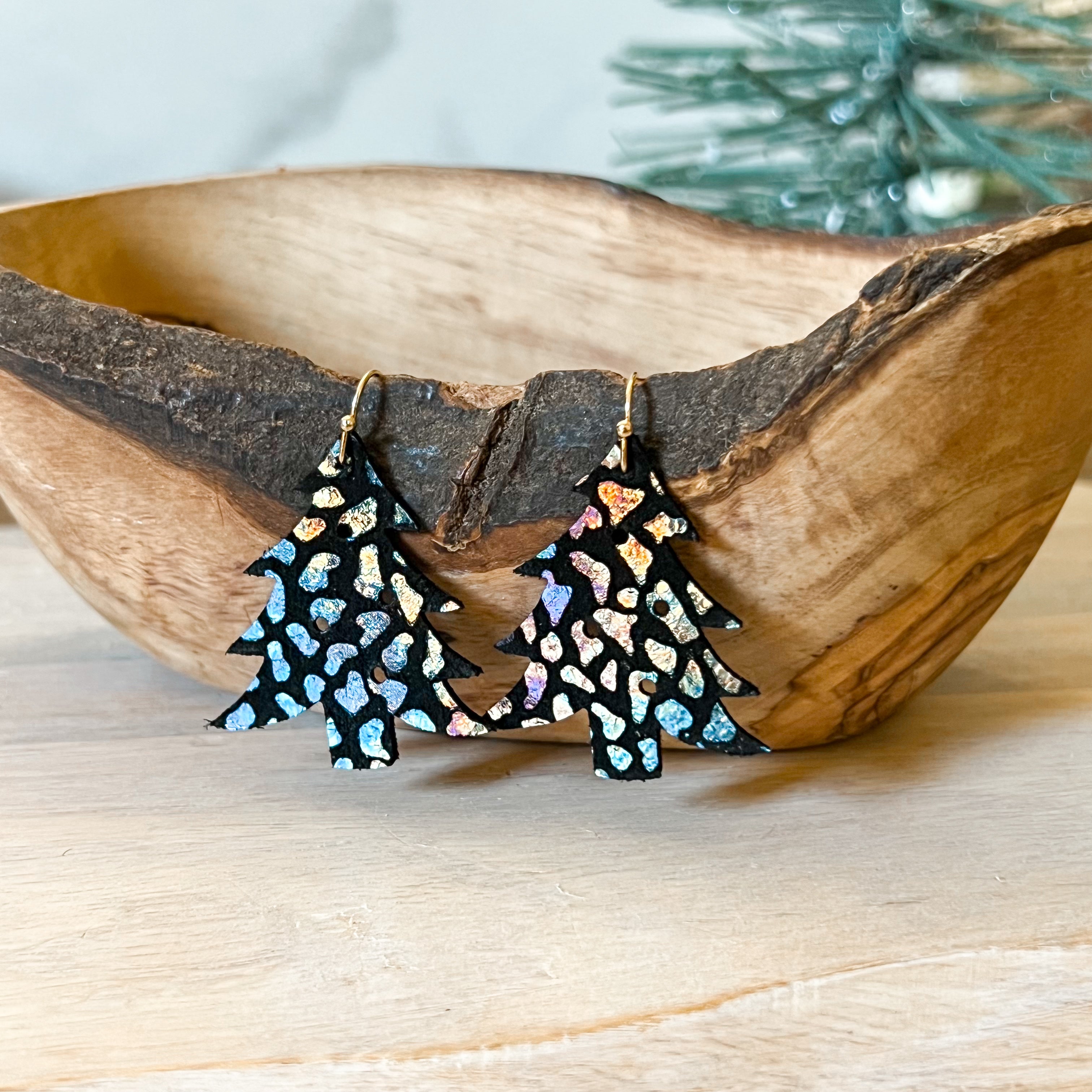 Polka Dot Genuine Leather Christmas Tree Earrings