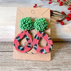 Lexi Red & Green Animal Print Genuine Leather Earrings