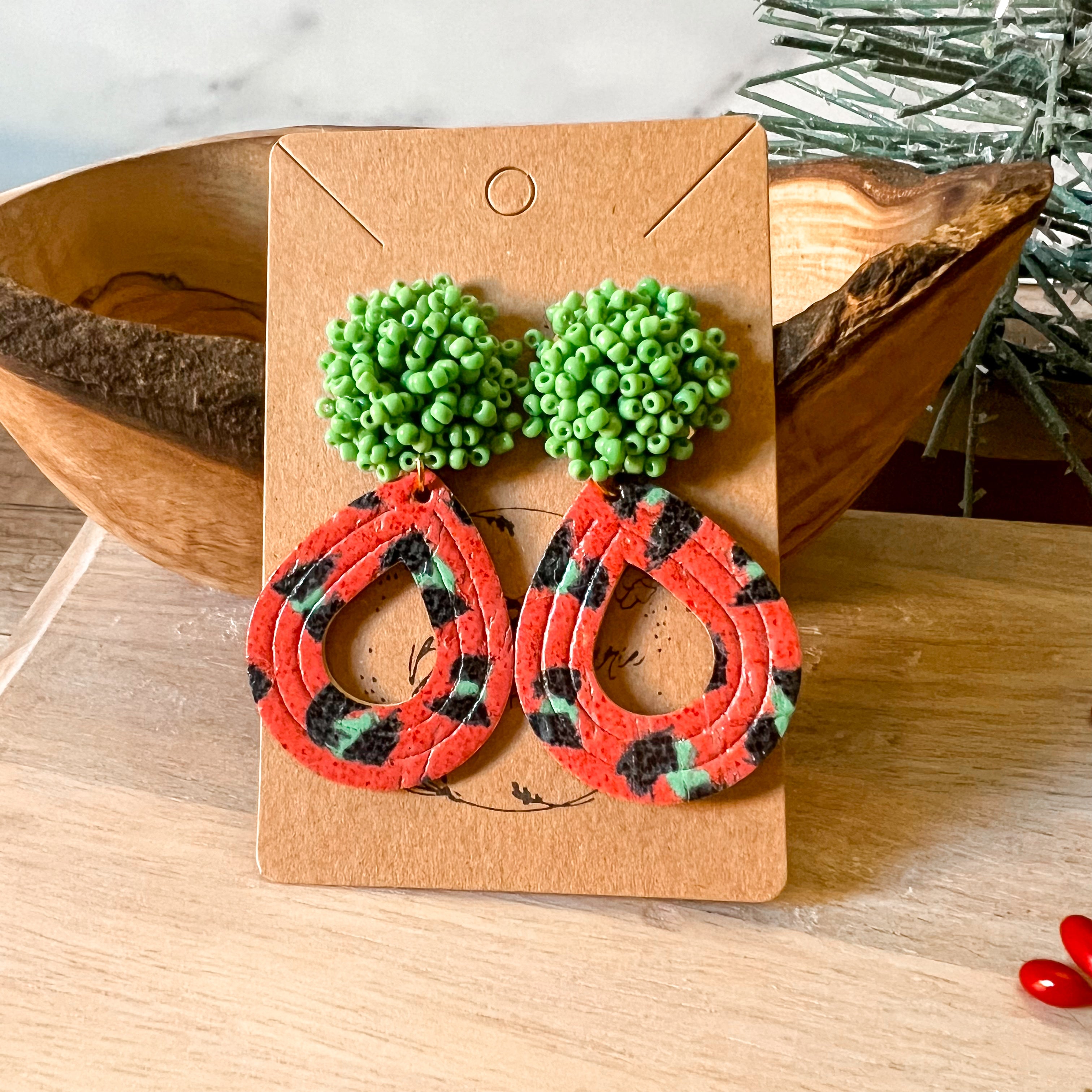 Lexi Red & Green Animal Print Genuine Leather Earrings