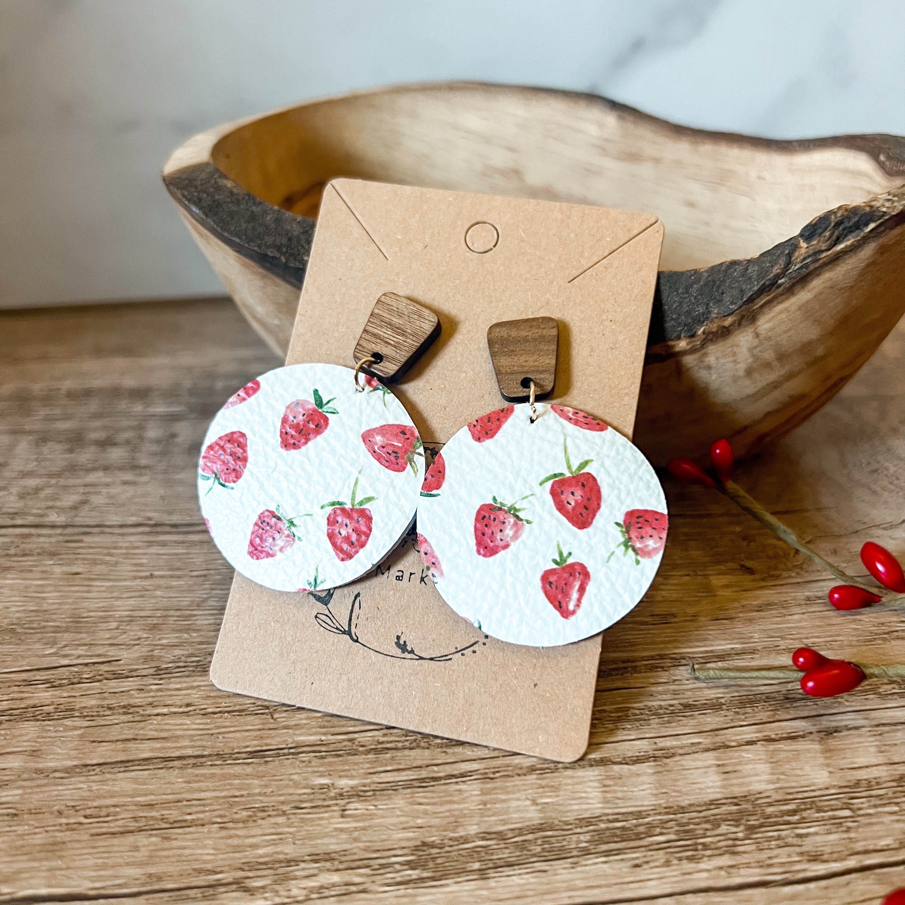 Parkesdale Round Leather & Wood Strawberry Earrings