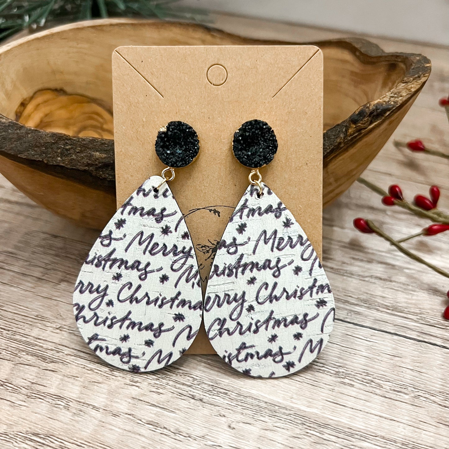 Black & White Merry Christmas Teardrop Druzy Earrings