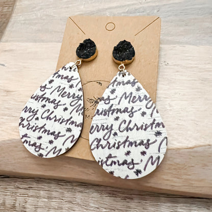 Black & White Merry Christmas Teardrop Druzy Earrings