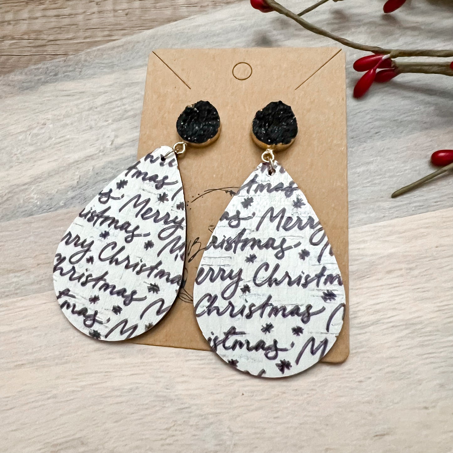 Black & White Merry Christmas Teardrop Druzy Earrings