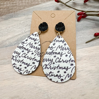 Black & White Merry Christmas Teardrop Druzy Earrings
