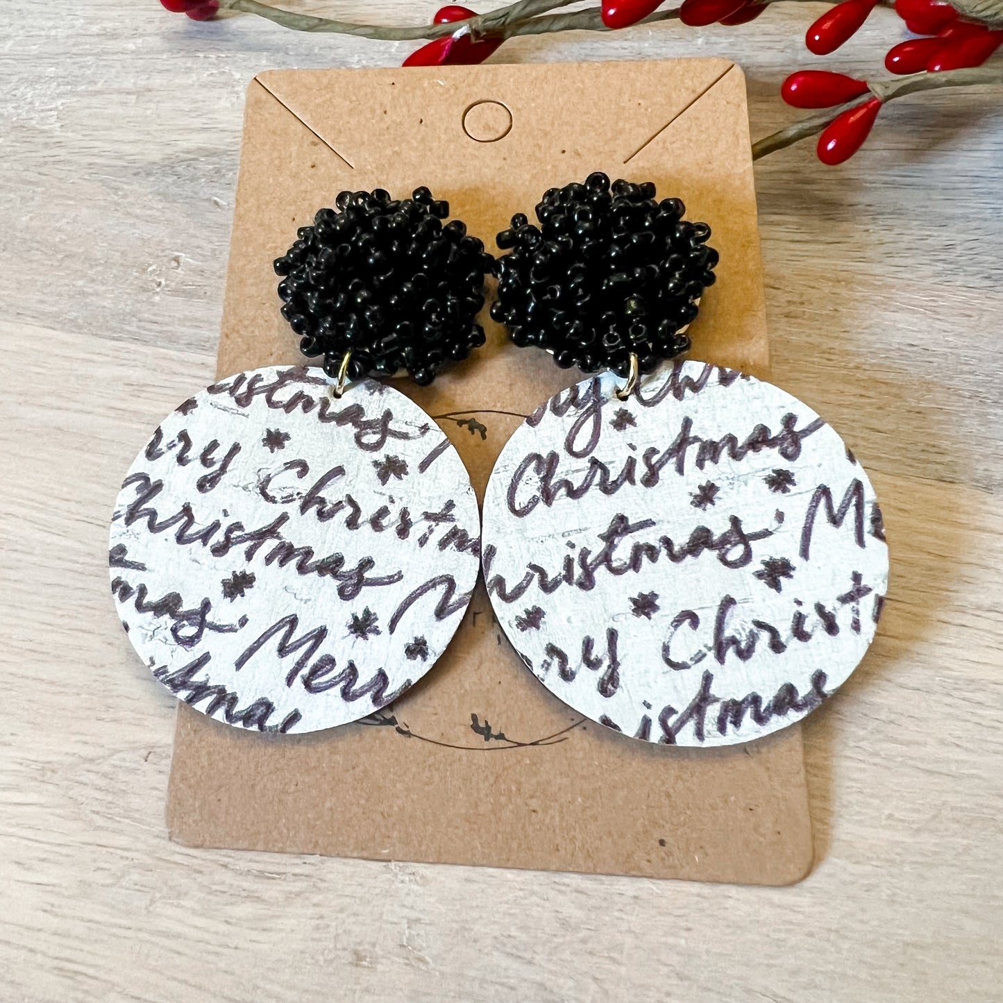 Black & White Merry Christmas Beaded Topper Earrings