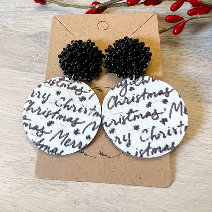 Black & White Merry Christmas Beaded Topper Earrings
