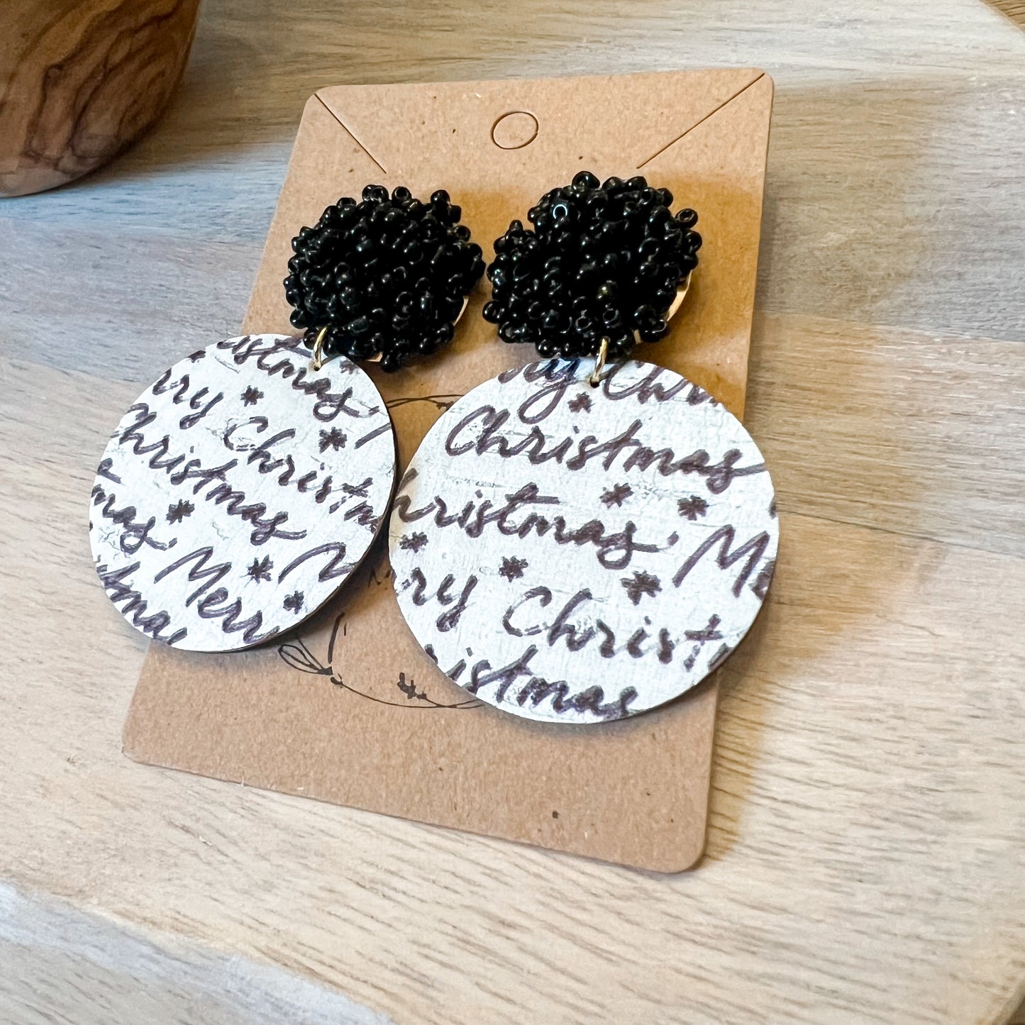 Black & White Merry Christmas Beaded Topper Earrings