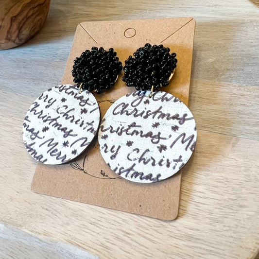 Black & White Merry Christmas Beaded Topper Earrings