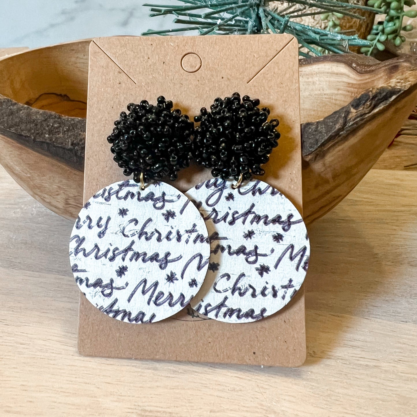 Black & White Merry Christmas Beaded Topper Earrings