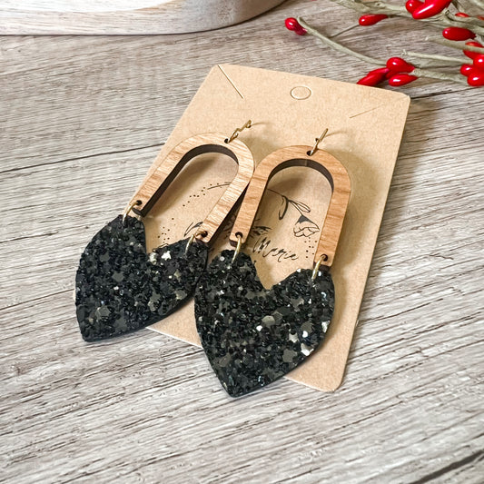 Bianca Black Glitter Heart & Arch Earrings
