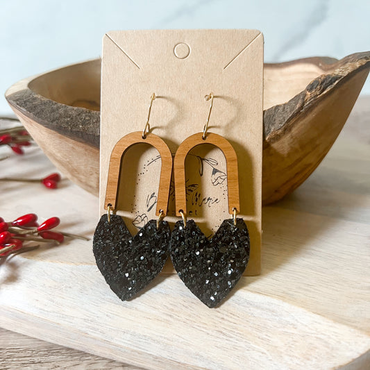 Bianca Black Glitter Heart & Arch Earrings