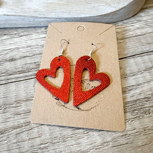 Handmade Genuine Leather Valentine Red  Cutout Heart Love Earrings