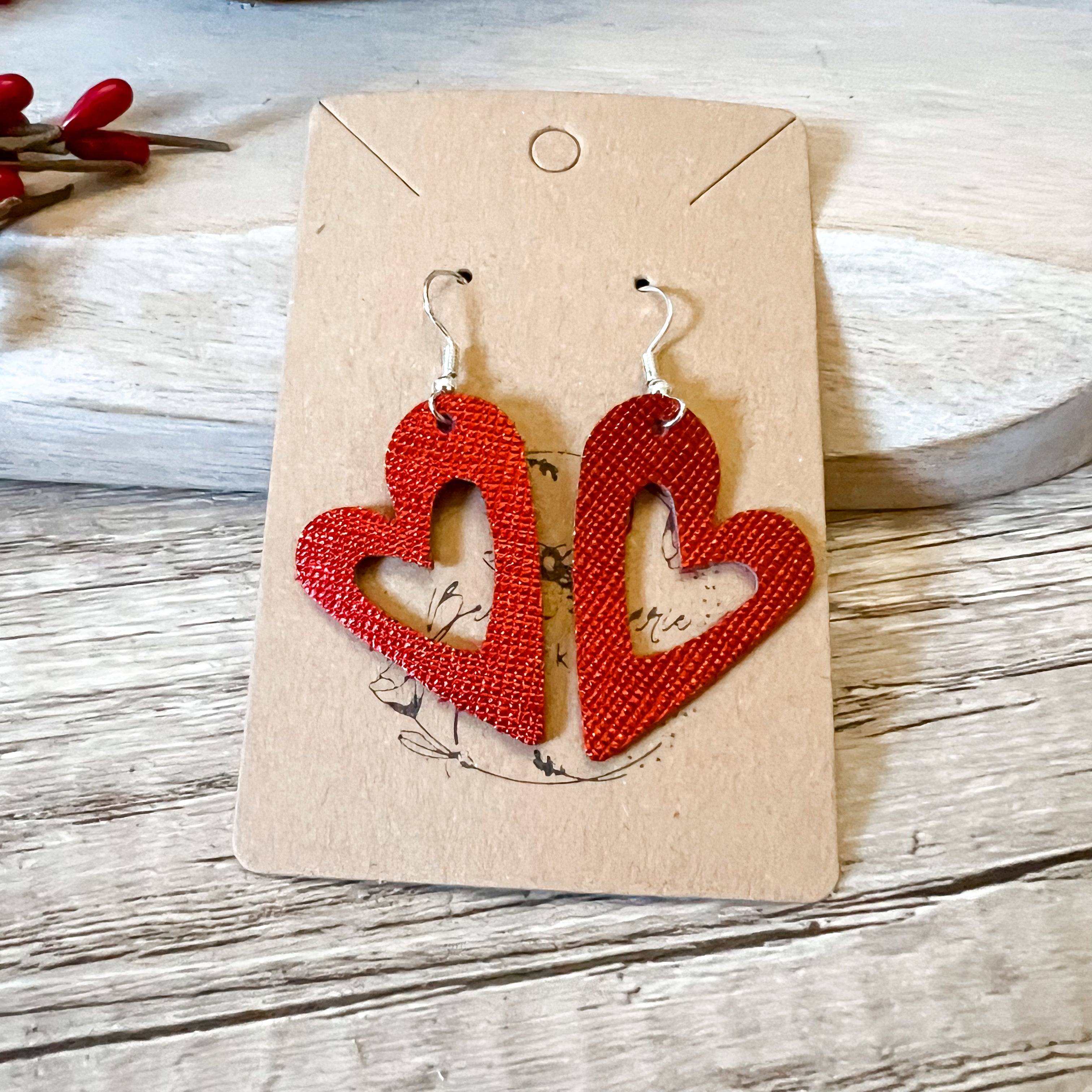 Handmade Genuine Leather Valentine Red  Cutout Heart Love Earrings