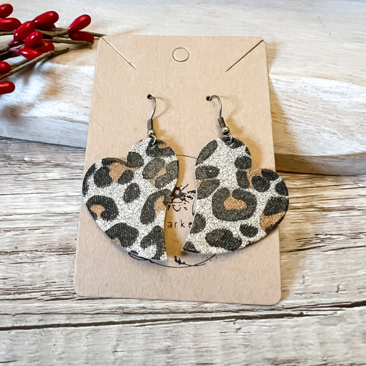 Handmade Genuine Leather Valentine Heart Love Leopard Print Earrings