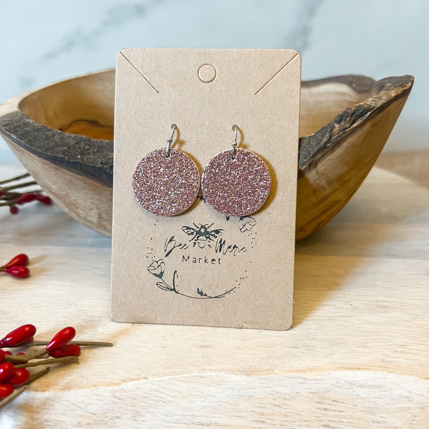 Pink Glitter Leather Dot Earrings